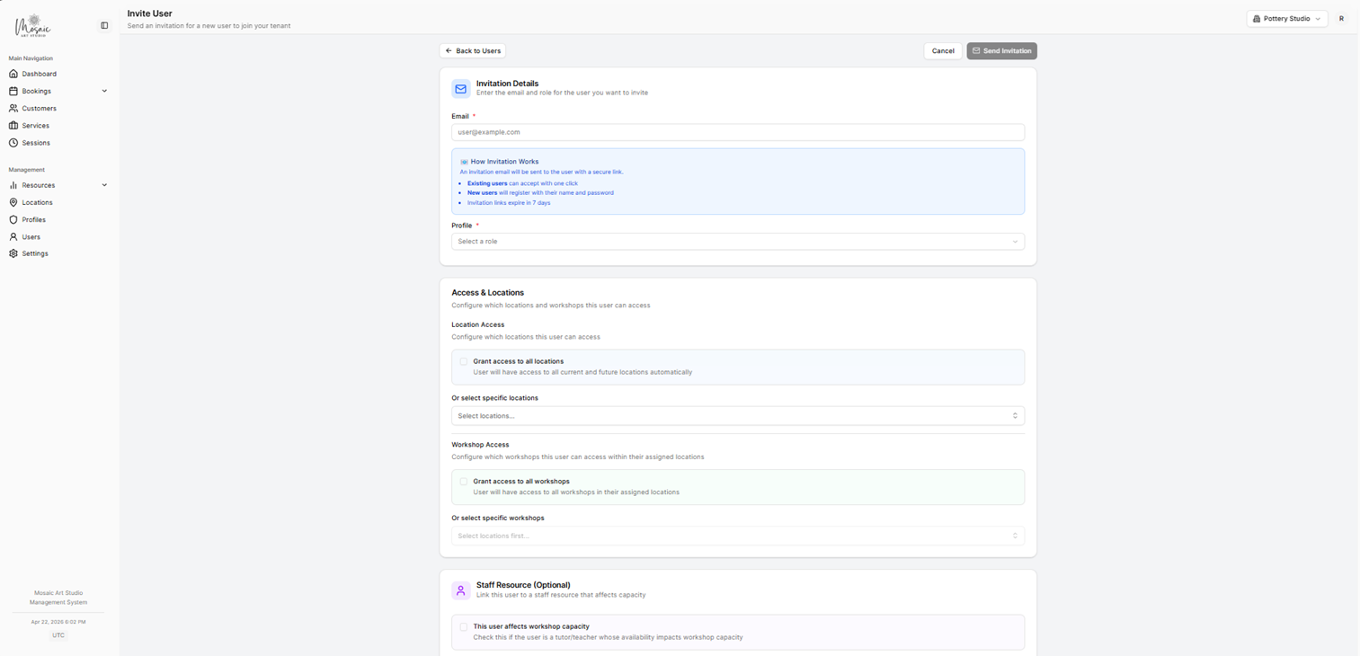 User invitation form with profile, location, and service scope selection